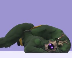 3d 3d_(artwork) anthro antlers anxiousanxiety ass_up balls bracelet fluffy fluffy_tail furry furry_ears gay genitals green_fur green_skin hi_res jack-o_pose loincloth looking_at_viewer male male_only muscular on_ground penis purple_eyes rauni_(anxiousanxiety) solo tagme tail wood