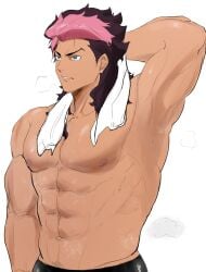 abs bara belly_button biceps blue_eyes brown_hair forearms gay guel_jeturk gundam long_hair male male_only mole_under_eye muscle muscles muscular_male musk musk_clouds nipples pecs pink_hair sportswear sweat sweatdrop towel triceps yaoi