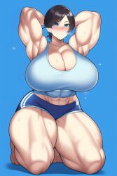 1girls abs ai_generated armpits arms_up biceps blue_eyes blue_shorts blue_tank_top blush cleavage dark_hair dolphin_shorts female female_only gigantic_breasts huge_breasts massive_breasts muscular muscular_arms muscular_female muscular_thighs nai_diffusion short_shorts shorts solo stable_diffusion sweat tank_top thick_thighs voluptuous wide_hips