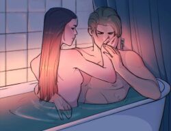 1boy 1girls arm_around_waist bath bathing bathing_together bathroom blonde_hair claire_redfield female in_water kissing_hand leon_scott_kennedy long_hair male male/female mixed_bathing nude red_hair resident_evil resident_evil_2 romantic soft_lighting straight wholesome