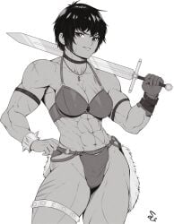 1girls abs absurd_res artist_signature bare_shoulders barely_clothed biceps bob_cut bra bracelet breasts choker cleavage female_focus female_only forearm_muscles fur gloves greyscale hand_on_hip hi_res looking_at_viewer medium_breasts messy_hair monochrome muscular muscular_arms muscular_female muscular_legs necklace original original_character pose quads scar serratus_anterior short_hair sidelocks simple_background smile solo solo_female solo_focus speedl00ver spiked_bracelet standing sword thick_thighs triceps very_short_hair weapon