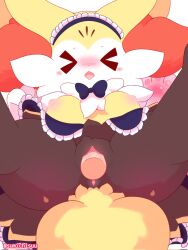 >_< anthro anus black_body blush braixen closed_eyes disembodied_penis duo female female_penetrated generation_6_pokemon genitals hi_res male male/female male_penetrating male_penetrating_female nintendo penetration penile penile_penetration penis penis_in_pussy pokémon_(species) pokemon pokemon_(species) sex sumichisuu vaginal_penetration video_games yellow_body