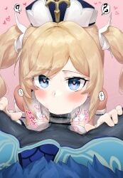 ? abyss_mage barbara_(genshin_impact) blonde_hair blowjob blue_eyes genshin_impact heart-shaped_pupils highres looking_at_viewer nun oral penis pov symbol-shaped_pupils takutaku12364 twintails