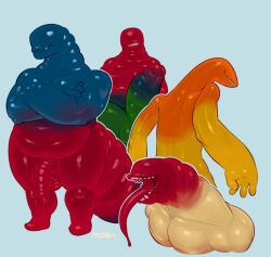 4_fingers anthro ass balls big_ass big_tail bodily_fluids candy chubby chubby_male crossed_arms dessert digital_media_(artwork) drooling eyeless fangs fingers flaccid food food_creature gay genitals green_body green_skin group gummy_(food) gummy_worm hi_res long_tongue male male_only moba_(artist) multicolored_body multicolored_penis musclegut orange_body orange_skin overweight pale_skin penis presenting presenting_penis red_body red_skin ribbed_penis saliva sharp_teeth simple_background teeth thick_thighs tongue translucent translucent_body two-tone_body two-tone_skin underbite worm yellow_body yellow_skin