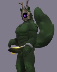 3d 3d_(artwork) anthro antlers anxiousanxiety balls bracelet fluffy fluffy_tail furry furry_ears gay genitals green_fur green_skin hi_res loincloth male male_only muscular penis purple_eyes rauni_(anxiousanxiety) solo tagme tail wood