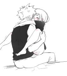 1boy 1girls arms_around_neck black_and_white blush closed_eyes embrace embracing female female_penetrated grchloex holding_partner hugging katsuki_bakugou kissing kissing_while_penetrated male male/female male_penetrating my_hero_academia ochako_uraraka on_lap partially_clothed romantic sex spiky_hair straight vaginal_penetration