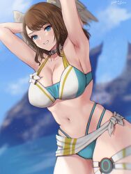 1girls abs armpits arms_behind_head arms_up bare_shoulders beach big_breasts blue_eyes blue_swimsuit breast_tattoo breasts brown_hair choker cleavage confident eunie_(xenoblade) female female_only flower highres hourglass_figure large_breasts medium_hair midriff navel nintendo oyasu_(kinakoyamamori) sky smile smug smug_face smug_grin swimsuit thick_thighs thighs water wide_hips wings xenoblade_(series) xenoblade_chronicles_3