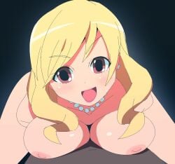 1boy 1girls areolae blonde_hair breast_press clavicle completely_nude dot_nose eyebrows_visible_through_hair male_pov moaning nude pearl_necklace straight_hair takasu_yasuko toradora! yasuko yev-san