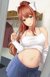 1girls bare_midriff bare_shoulders bare_stomach belly belly_focus big_breasts blue_skirt blush blushing bow breasts brown_hair cleavage close-up closet collarbone doki_doki_literature_club dressing excited female female_focus female_only getting_dressed getting_undressed green_eyes hairbow happy happy_female head_tilt hips hourglass_figure human human_focus human_only light-skinned_female light_skin long_hair midriff midriff_focus monika_(doki_doki_literature_club) navel necklace nurumaru_yu playing_with_hair ponytail pose posing putting_clothes_on shirt shirt_up skirt slightly_chubby smile smiling smiling_at_viewer solo solo_female stomach taking_clothes_off tank_top tank_top_up tummy undressing upper_body white_bow white_shirt white_tank_top wholesome