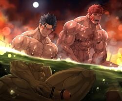 2boys abs bar_censor bara beard bellsaltr black_hair blurry blurry_background blush censored completely_nude erection facial_hair hairy highres huge_cock large_pectorals light_particles male_focus male_only manly mature_male moon multiple_boys muscular muscular_male night night_sky nipples nude oerba_yun_fang onsen open_mouth original pectorals penis scar see-through short_hair sitting sky slit_pupils smile spiked_hair teeth thick_arms thick_eyebrows thick_thighs thighs water wet yaoi yellow_eyes