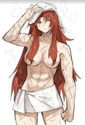 1girls abs convenient_censoring gebura_(lobotomy_corporation) kankan33333 library_of_ruina lobotomy_corporation muscular muscular_female no_bra project_moon red_hair scars tagme towel towel_only wet_skin yellow_eyes