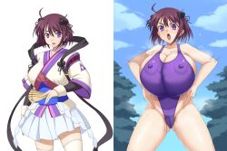 after before before_and_after brainwashing covered_nipples haigure huge_ass huge_breasts kakikorori nanjou_ran post_transformation pre-transformation pubic_hair pubic_hair_peek rance_(series) sengoku_rance split_screen thick_thighs transformation wide_hips