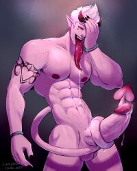 1boy 2d bara barazoku big_cock big_penis chalermpan demon heart_tipped_tail horns incubus long_penis long_tongue male male_only muscular_male penis pink_hair pink_penis pink_skin solo_male