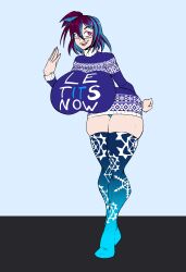 1girls alternate_version_at_source big_breasts blue_highlights christmas_sweater ferri_(rust_and_bolts) le_tits_now original_character purple_hair rust_and_bolts sharp_teeth thick_thighs