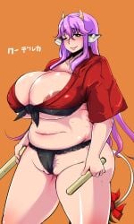 areola_slip bbw cameltoe cow_ears horns large_areolae large_breasts mole_under_eye pubic_hair_peek purple_hair simple_background tail tied_top underboob visible_areolae wink yuuki_yuma