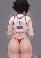 1girls ass back back_view bluefield bubble_ass bubble_butt female female_only hi_res hips large_ass light-skinned_female light_skin png red_hair ruby_rose rwby short_hair simple_background slim_waist solo sportswear thick_thighs thighs thong wide_hips