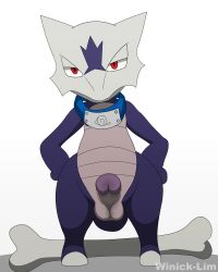 4:5 absurd_res accessory alolan_form alolan_marowak alternate_version_at_source anthro balls bone erection genitals grey_body hands_on_hips headband hi_res looking_at_viewer male male_focus male_only marowak nintendo penis penis_towards_viewer pokemon pokemon_(species) purple_body red_eyes regional_form_(pokemon) simple_background skull skull_head solo solo_male video_games winick-lim