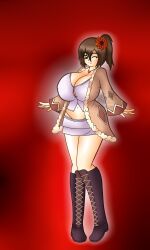 big_breasts boots brown_eyes brown_hair cleavage clothed curvy flower_in_hair fluffy_clothing miniskirt necklace nwsaiyanx original_character ponytail smile source_request tagme tall_female thong yumiko_oc