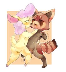 2019 2girls ass blush brown_fur closed_eyes color curly_hair digital_drawing_(artwork) digital_media_(artwork) drool_string furry kissing lesbian_sex mammal pink_hair pkrabbithole pussy raccoon simple_background vagina yellow_fur yuri