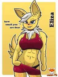 2022 3:4 anthro anthrofied breasts canid clothed clothing curvy_figure dialogue digital_media_(artwork) eeveelution eliza_(zerlix_fox) english_text eyelashes facial_tuft footwear generation_1_pokemon gynomorph heart hi_res intersex jolteon latex legwear looking_at_viewer mammal muscular nintendo pokemon pokemon_(species) pokemorph raised_clothing raised_topwear red_eyes seductive shirt signature socks solo tank_top text topwear tuft underwear video_games yellow_body zerlix_fox