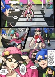 1boy 1girls agent_3_(splatoon) bag beanie beauty_mark blue_eyes blue_hair callie_(splatoon) captain_(splatoon_3) comic flashback hat inkling inkling_boy inkling_girl jacket jellyfish_(splatoon) kinkymation male_new_agent_3_(splatoon) mole mole_under_eye new_agent_3_(splatoon) nintendo octarian_tattoo octo_callie peaked_cap scar scarf shirt shorts sleeveless_shirt smile splatoon splatoon_(series) splatoon_2 splatoon_2:_octo_canyon star_(symbol) sunglasses tattoo tentacle_hair tinted_eyewear tongue tongue_out truck waving