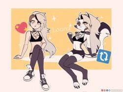 alternate_costume female female_only full_body furry helluva_boss human human_loona humanized keetydraws long_hair loona_(helluva_boss) medium_breasts midriff red_eyes red_sclera skimpy skimpy_clothes small_breasts tail thighhighs wolf wolf_girl