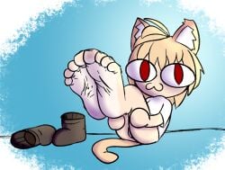 4_toes :3 animal_humanoid baggy_(artist) big_eyes boots boots_removed cat_ears cat_eyes cat_humanoid cat_tail catgirl commission commission_art commissioner_upload feet foot_fetish four_toes legs_up looking_at_viewer melty_blood neco-arc presenting_feet smaller_female wrinkled_feet wrinkled_soles