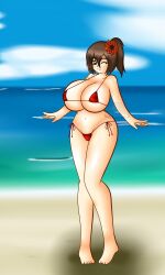 beach big_breasts bikini brown_hair curvy nwsaiyanx original_character red_clothing solo_female source_request tagme thighs wink yumiko_oc