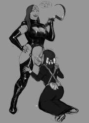 blowjob cassandra_(resident_evil) dubious_consent futa_only futanari gothicgalaxies_(artist) maid monochrome resident_evil resident_evil_8:_village sickle text threats yuri