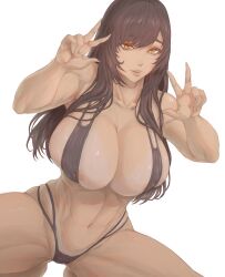 2d areola_slip barely_contained big_breasts bikini black_bikini breast_squish brown_hair bulging_breasts busty cleavage dark_hair double_v female female_only gantz hi_res huge_breasts kuromoro long_hair looking_at_viewer shimohira_reika solo squatting swimsuit tanline toned_stomach v yellow_eyes