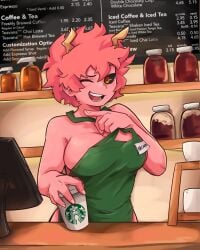 1girls barista big_breasts black_sclera blush breasts cleavage coffee_cup dashi_art detailed_background employee employee_uniform female female_only hi_res horns iced_latte_with_breast_milk looking_at_viewer meme mina_ashido mouth_open my_hero_academia naked_apron name_tag one_eye_closed pink_hair pink_skin revealing_breasts short_hair sideboob solo solo_female starbucks undressing wink