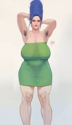 1girls armpit_hair blue_hair curvy curvy_figure edit female_armpit_hair green_clothing green_dress hairy_armpits hazel_eyes huge_breasts large_breasts marge_simpson milf ngmi sagging_breasts tall_female the_simpsons thick_thighs yellow_body yellow_skin