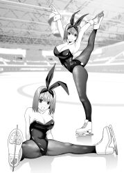 1girls arms_at_sides arms_up bangs black_pantyhose bow breasts female go-toubun_no_hanayome greyscale hair_between_eyes hair_ribbon hairband hairbow highres ice_skates ice_skating kosmos_beta large_breasts leg_up legs leotard monochrome multiple_views nakano_yotsuba open_mouth pantyhose playboy_bunny revealing_clothes ribbon shiny shiny_clothes shiny_hair short_hair skates skating skating_rink spread_legs standing