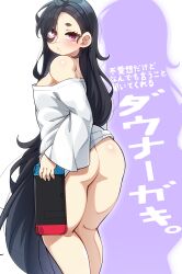 1girls absurdres ass bare_shoulders black_hair bottomless colored_shadow commentary downer_kid_(konoshige) female female_only highres konoshige_(ryuun) long_hair looking_at_viewer messy_hair mole mole_under_mouth nintendo_switch no_bra original red_eyes ryuun_(stiil) shadow simple_background solo thick_eyebrows translated very_long_hair white_background