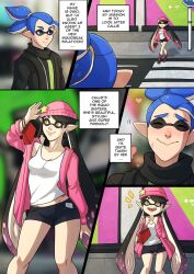 1boy 1girls agent_3_(splatoon) beanie beauty_mark bike_shorts blue_eyes blue_hair callie_(splatoon) closed_eyes comic hat heart inkling inkling_boy inkling_girl jacket kinkymation male_new_agent_3_(splatoon) mole mole_under_eye new_agent_3_(splatoon) nintendo notice_lines octarian_tattoo open_clothes pointy_ears scarf sleeveless sleeveless_shirt smile splatoon splatoon_(series) star_(symbol) stop_sign tentacle_hair walking wavy_mouth yellow_eyes