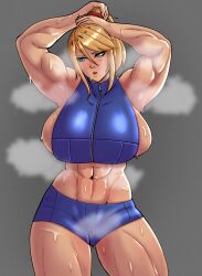 1girls 2021 abs armpits beauty_mark big_breasts big_muscles blonde_hair blue_eyes breasts extreme_muscles female female_focus grey_background huge_breasts metroid muscular muscular_arms muscular_female musk nintendo ponytail ritax samus_aran sideboob simple_background solo solo_female solo_focus steam strongmoist sweat sweating thick_thighs thighs thunder_thighs tied_hair tight_clothing tying_hair