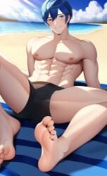 1boy 1human 1male 1man abs ai_generated bara bara_tiddies bara_tits beach beach_towel big_muscles black_hair black_hair_bottom chrom_(fire_emblem) domination feet fire_emblem gay large_pecs large_pectorals light_hair_on_dark_hair male male_boobs male_chest male_feet male_focus male_nipples male_only male_slut male_solo man man_boobs man_breasts man_tits manly masculine masculine_male muscle pecs pectorals slutboy slutty_clothing white_hair white_hair_on_black_hair white_hair_top