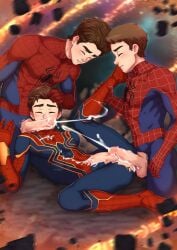 andrew_garfield balls blush brown_hair closed_eyes cumming cumshot gay hair_grab leg_grab male_only marvel muscular_male selfcest spider-man spider-man:_no_way_home spider-man_(tom_holland) straight_hair suit suiton threesome tobey_maguire tom_holland