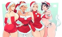 4girls andavaverse asian bell_collar blonde_hair cat_ears cat_tail christmas curvy dylan_karura_roth female female_only gianna_lewis green_eyes josephwolf milf multiple_girls santa_hat tan_skin virgin_killer_sweater white_hair