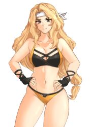 1girls absurdres alternate_costume ass_visible_through_thighs bandana bikini black_bikini black_swimsuit blonde_hair breasts brigid_(fire_emblem) cleavage curvy female female female_only fire_emblem fire_emblem:_genealogy_of_the_holy_war hands_on_hips highres large_breasts long_hair looking_at_viewer solo standing swimsuit thighs tridisart two-tone_bikini wide_hips yellow_bikini yellow_swimsuit