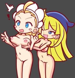 2girls accurate_art_style big_breasts blonde_hair blue_eyes breasts furii_(artist) hand_on_breast hat headband holding_breast kikimora_(puyo_puyo) long_hair multiple_girls nipples pussy puyo_puyo puyo_puyo_artstyle sega short_hair surprised wink witch_(puyo_puyo)