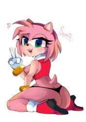 <3_eyes absurd_res accessory amy_rose anthro areola ass big_butt black_clothing black_panties black_underwear bodily_fluids bracelet breasts clothing cum cum_in_mouth cum_inside cum_on_hand dialogue eulipotyphlan eyelashes female footwear fur genital_fluids gesture gloves green_eyes handwear head_tuft headband heart hedgehog hi_res jewelry kneeling lipstick looking_at_viewer looking_back looking_back_at_viewer makeup mammal narrowed_eyes nipples open_mouth open_smile panties pink_areola pink_body pink_fur pink_lipstick pink_nipples rear_view red_clothing red_footwear red_shoes red_topwear sega sh1ann1 shoes simple_background smile solo sonic_(series) sonic_the_hedgehog_(series) tan_body tan_fur text thick_thighs topwear tuft underwear v_sign white_background white_clothing white_gloves white_handwear wide_hips