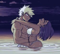 1boy 1girls bikini blush breasts closed_eyes curvy_female katsuki_bakugou married married_couple muscular muscular_male my_hero_academia nipples niverins ochako_uraraka red_eyes ring romantic romantic_couple romantic_sex spiky_hair straight swimming_trunks topless water wedding_ring