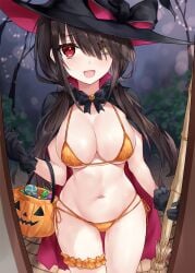 1girls asle bikini black_gloves black_hair breasts cleavage date_a_live gloves halloween_costume hat heterochromia highres huge_breasts looking_at_viewer one_eye_closed red_eyes side-tie_panties solo standing thigh_gap thighs tokisaki_kurumi yellow_eyes