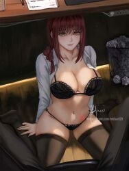 1boy 1girls alternate_version_available artist_signature black_bra black_socks bra braided_hair breasts chainsaw_man clothed clothed_female female kneeling large_breasts light-skinned_female light_skin long_hair looking_at_viewer makima_(chainsaw_man) male male_pov office_lady pov red_hair short_skirt skirt socks spread_legs thigh_socks thighhighs under_desk weisart yellow_eyes