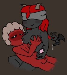 1boy 1girls big_breasts black_skin blindfold breast_feeding esau_(the_binding_of_isaac) female handjob horns lilith_(the_binding_of_isaac) male red_skin the_binding_of_isaac