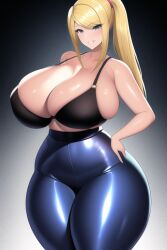 ai_generated black_bra blonde_hair blue_eyes bursting_breasts high-waist_pants huge_breasts long_hair metroid nai_diffusion ponytail samus_aran seductive_smile shiny_clothes shiny_pants shiny_skin stable_diffusion thick_thighs tight_clothing wide_hips