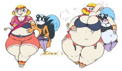 2021 2girls afurreak animal_crossing anthro before_and_after belt big_belly big_breasts black_fur bra breasts cleavage clothed coat elephant elephantid female female_only fluffy_tail hand_on_belly hooves lifting_shirt looking_at_another looking_at_belly looking_at_each_other margie_(animal_crossing) nintendo overweight overweight_female red_hair rodent scarf shorts skirt squirrel stockings sweater tail tasha_(animal_crossing) thick_thighs thighhighs thighs two_tone_hair weight_gain white_body wide_hips yellow_hair