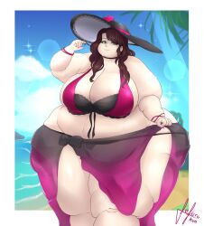 bbw beach bikini brown_hair choker chubby chubby_female eyeliner fat fat_arms fat_thighs fat_woman fefero_kun green_eyes large_breasts obese obese_female ssbbw sun_hat tagme wide_hips