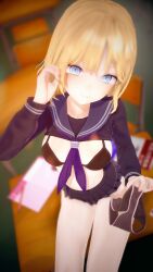 blonde_hair blue_eyes blurry_background female female_only holding holding_object holding_panties hololive hololive_english hololive_myth intruder_alert_red_spy_in_the_base lissetteskd medium_breasts miniskirt no_nut_november school_uniform shirt_lift showing_breasts tie virtual_youtuber watson_amelia